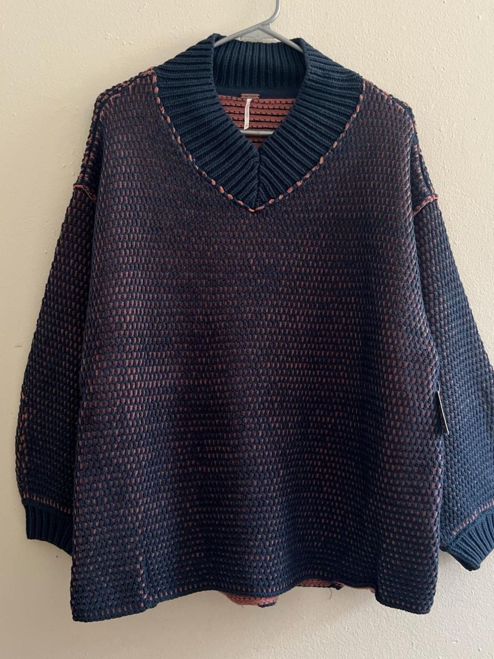 Free People Navy V-Neck Sweater with Burgundy Stitching